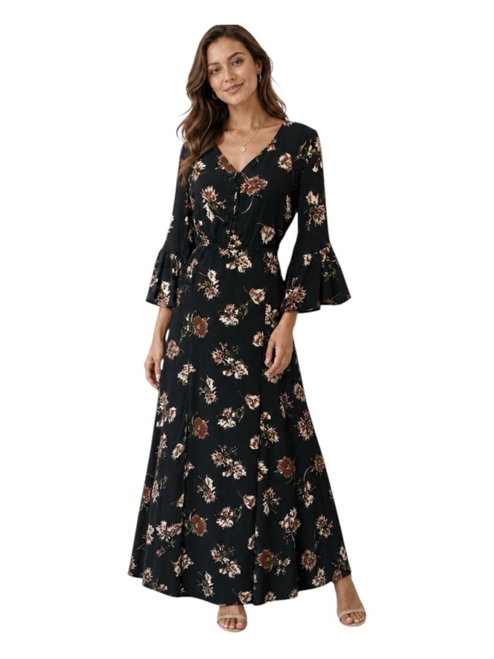 Anama Maxi dress front slit, Boho, Green floral print,  buttons,  Sz S